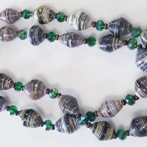 African Paper Bead Necklace With Faced Cut Forest Green Crystal Beads
